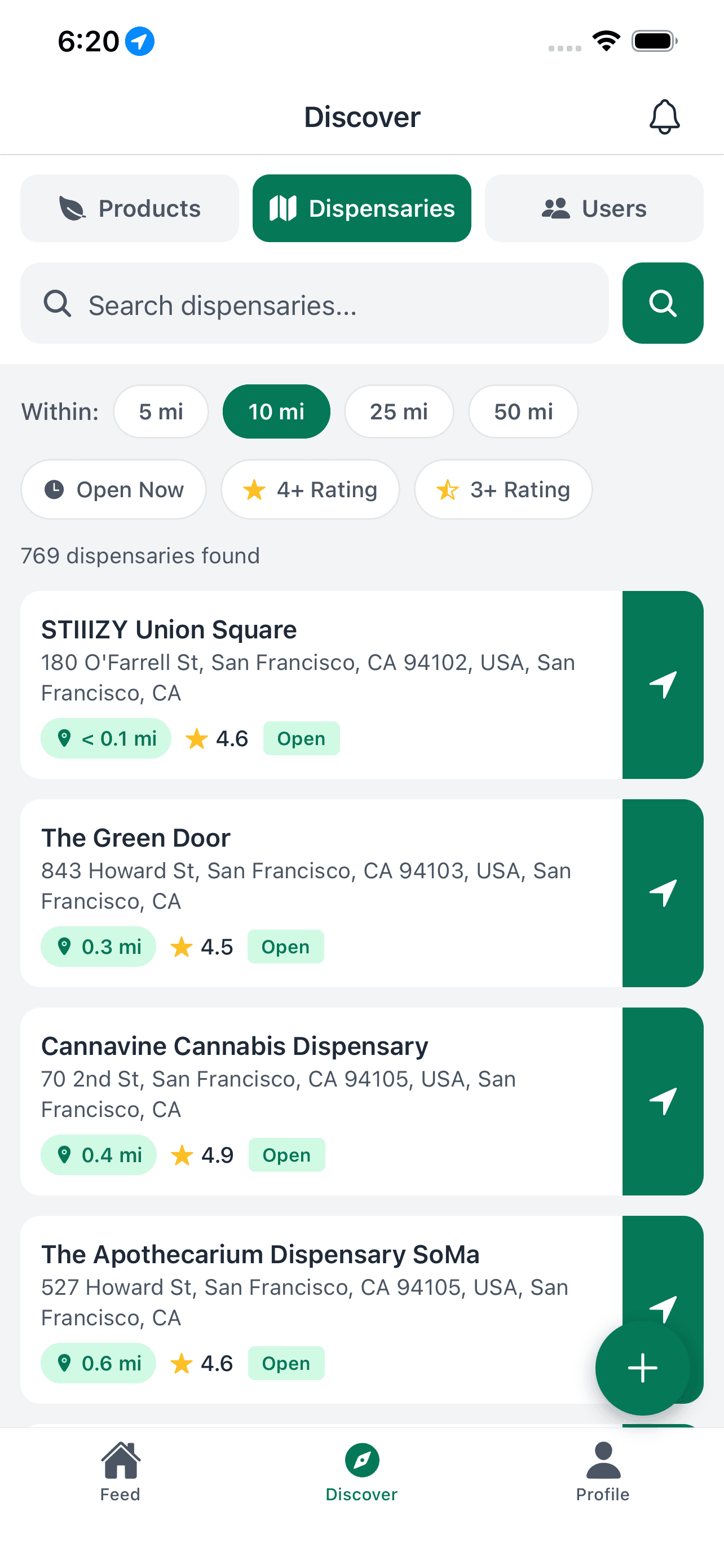 WeedBuds dispensary discovery screen listing nearby dispensaries with distance, ratings, and open status