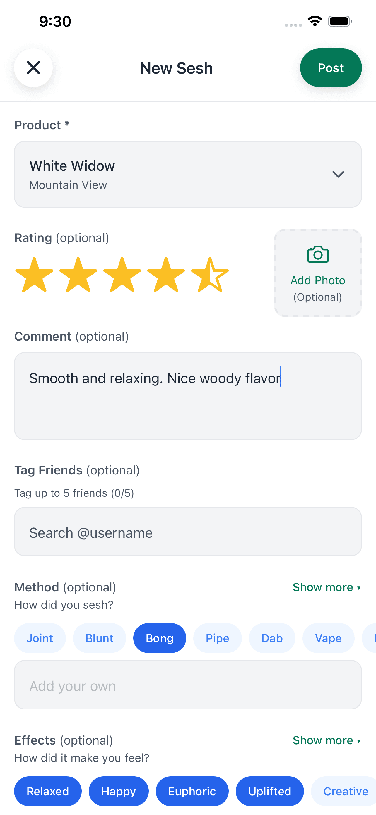 WeedBuds new sesh screen with star rating, photo upload, notes, method, and effects