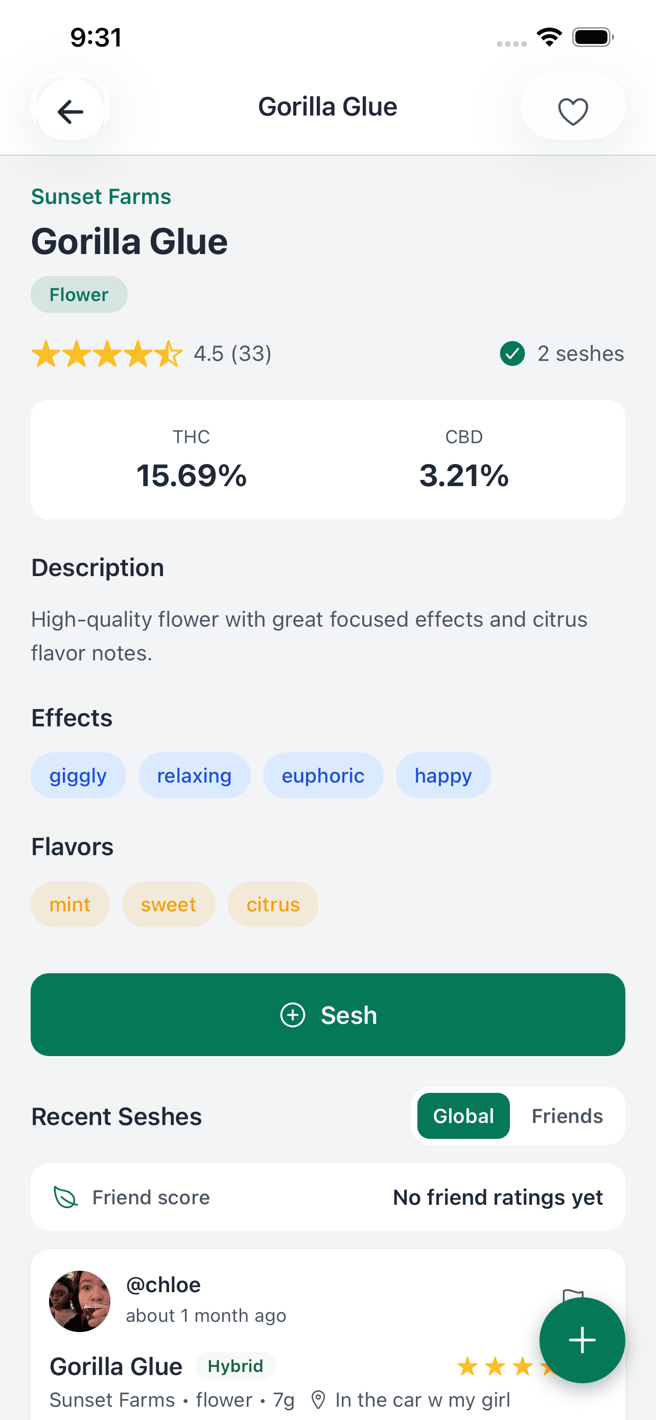 WeedBuds strain page for Gorilla Glue showing star ratings, THC and CBD levels, effects, flavors, and recent seshes